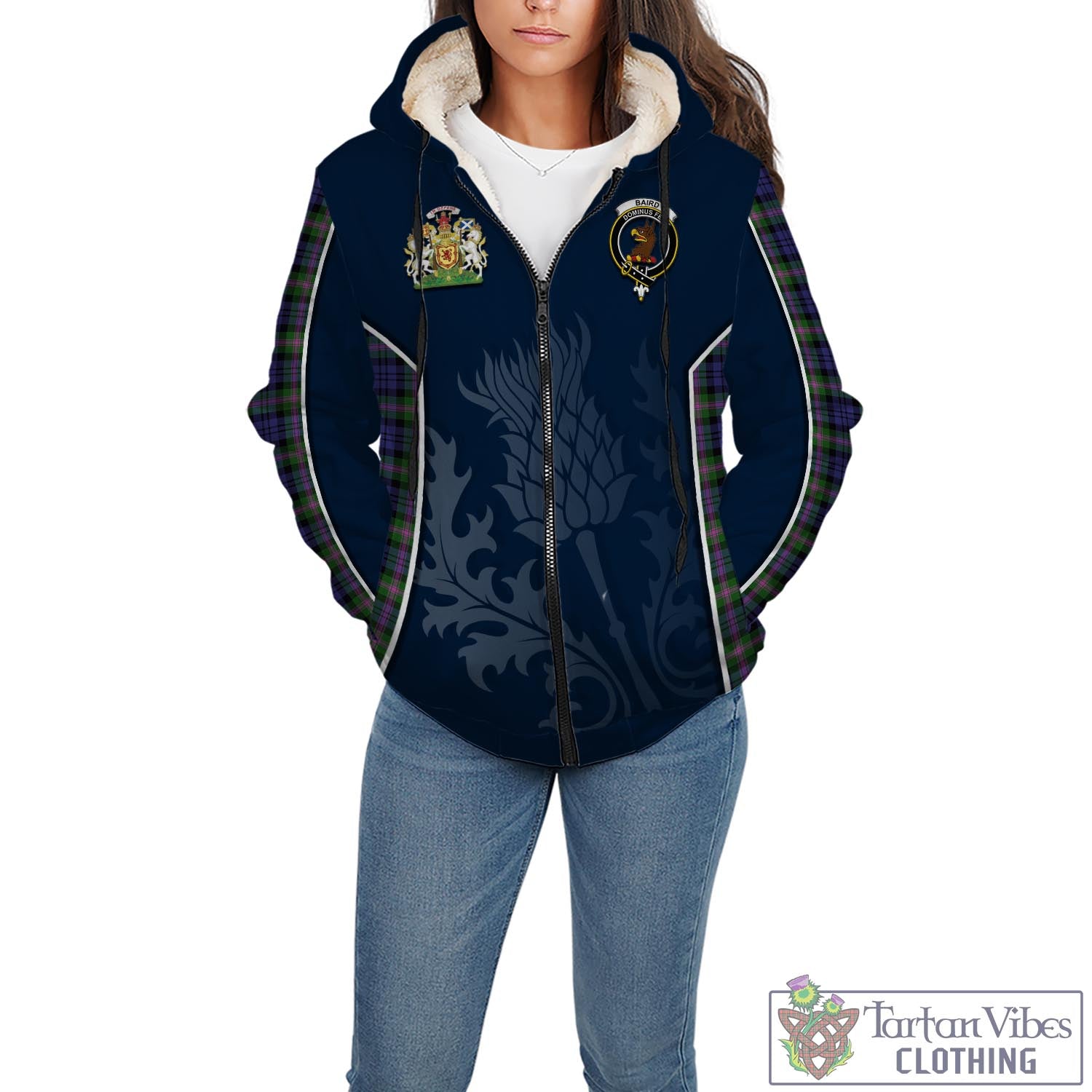 Tartan Vibes Clothing Baird Modern Tartan Sherpa Hoodie with Family Crest and Scottish Thistle Vibes Sport Style