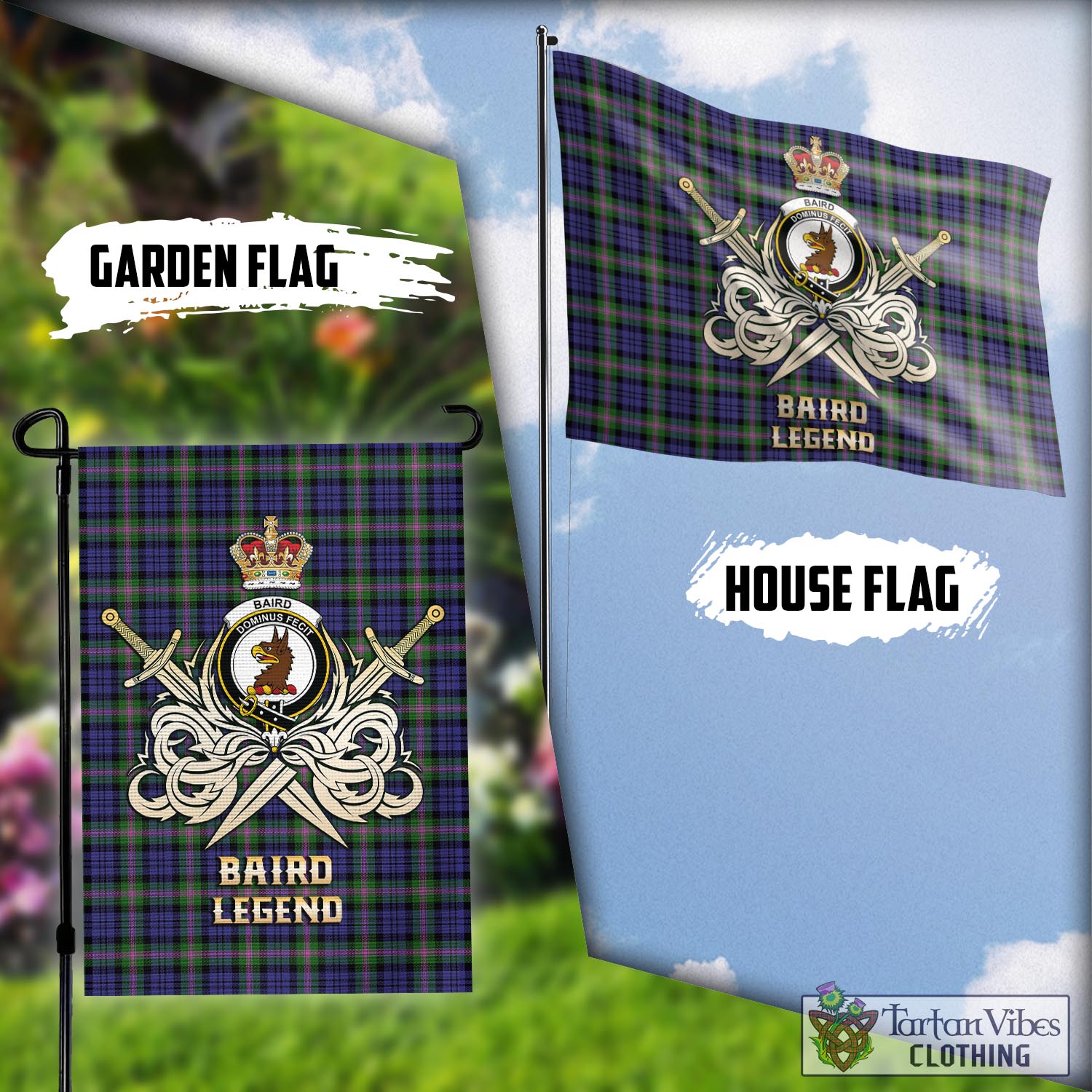 Tartan Vibes Clothing Baird Modern Tartan Flag with Clan Crest and the Golden Sword of Courageous Legacy