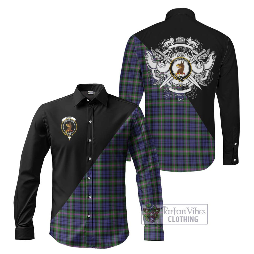 Baird Modern Tartan Long Sleeve Button Shirt with Family Crest and Military Logo Style Men's Shirt S - Tartanvibesclothing Shop