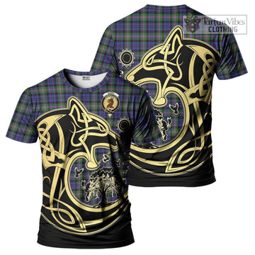 Baird Modern Tartan T-Shirt with Family Crest Celtic Wolf Style