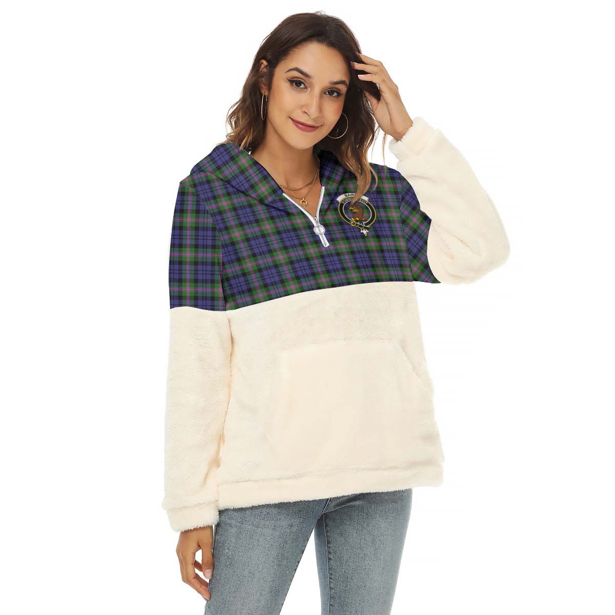 Baird Modern Tartan Women's Borg Fleece Hoodie With Half Zip with Family Crest Female - Tartanvibesclothing