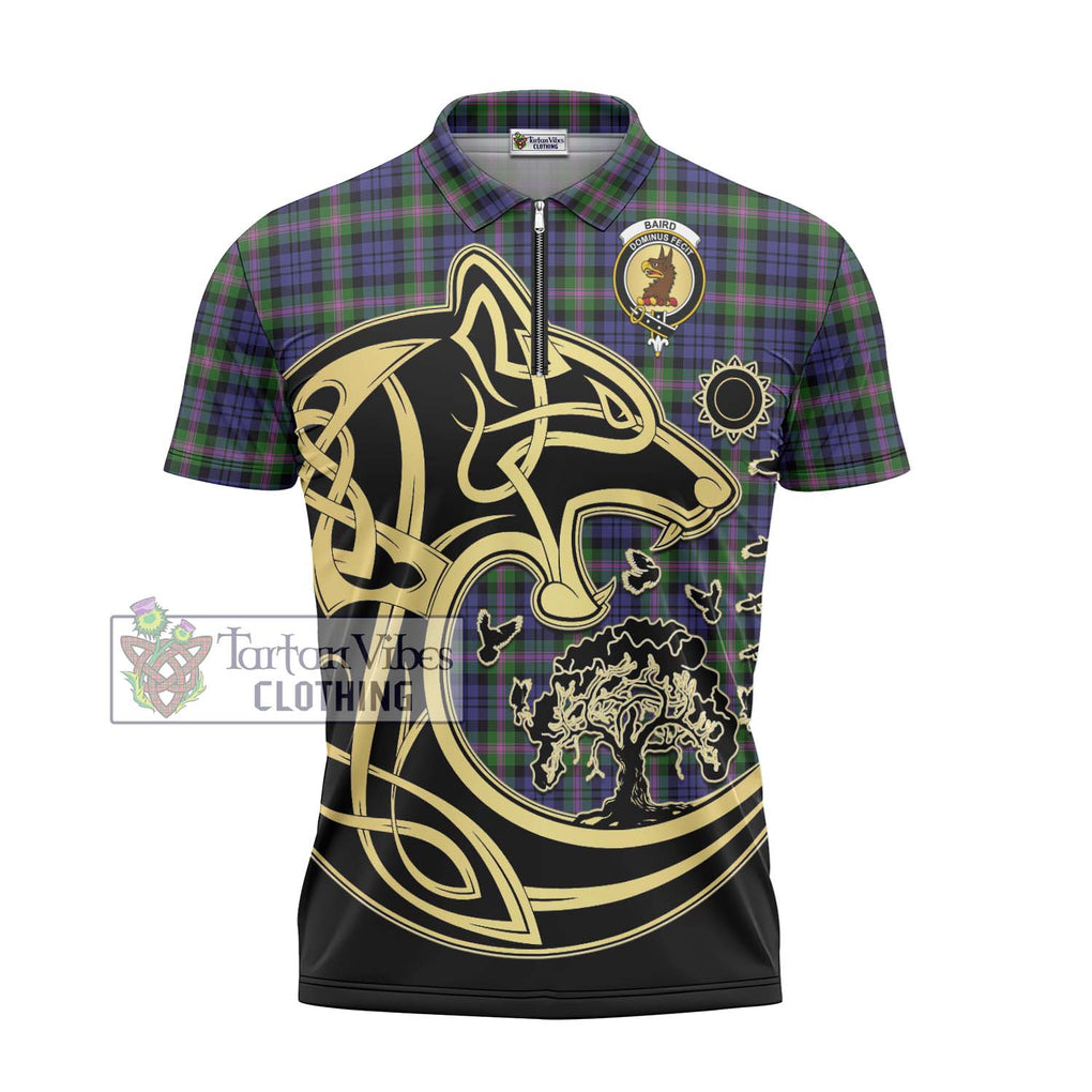 Baird Modern Tartan Zipper Polo Shirt with Family Crest Celtic Wolf Style - Tartanvibesclothing Shop