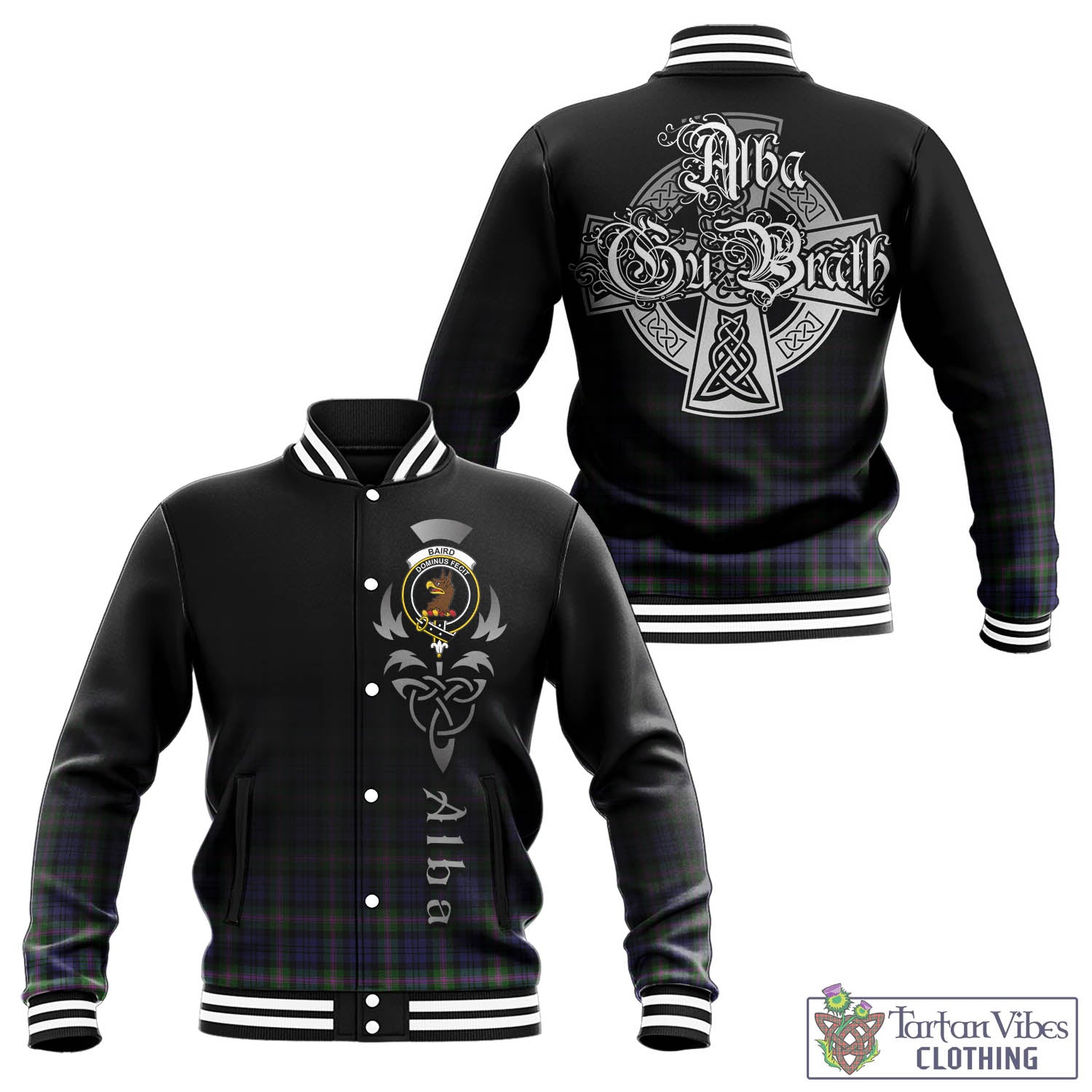 Tartan Vibes Clothing Baird Modern Tartan Baseball Jacket Featuring Alba Gu Brath Family Crest Celtic Inspired