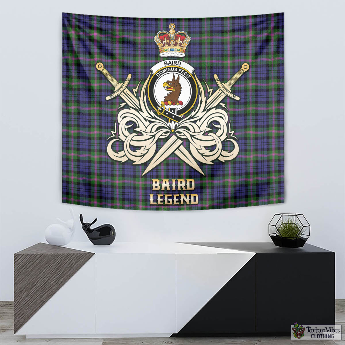 Tartan Vibes Clothing Baird Modern Tartan Tapestry with Clan Crest and the Golden Sword of Courageous Legacy