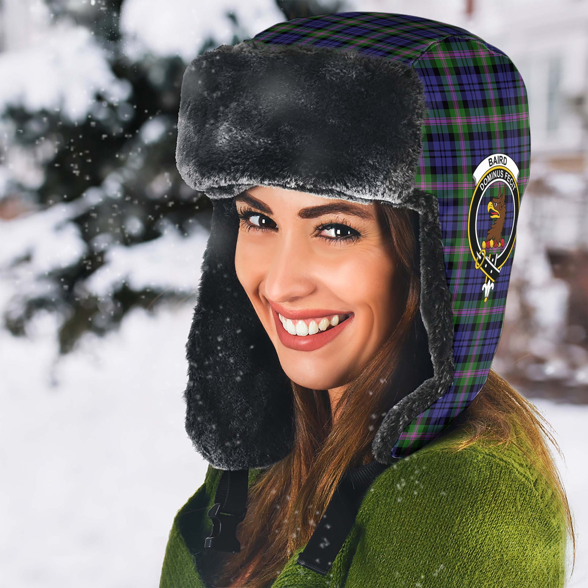 Baird Modern Tartan Winter Trapper Hat with Family Crest - Tartanvibesclothing