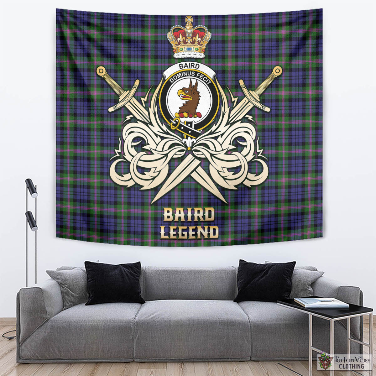 Tartan Vibes Clothing Baird Modern Tartan Tapestry with Clan Crest and the Golden Sword of Courageous Legacy