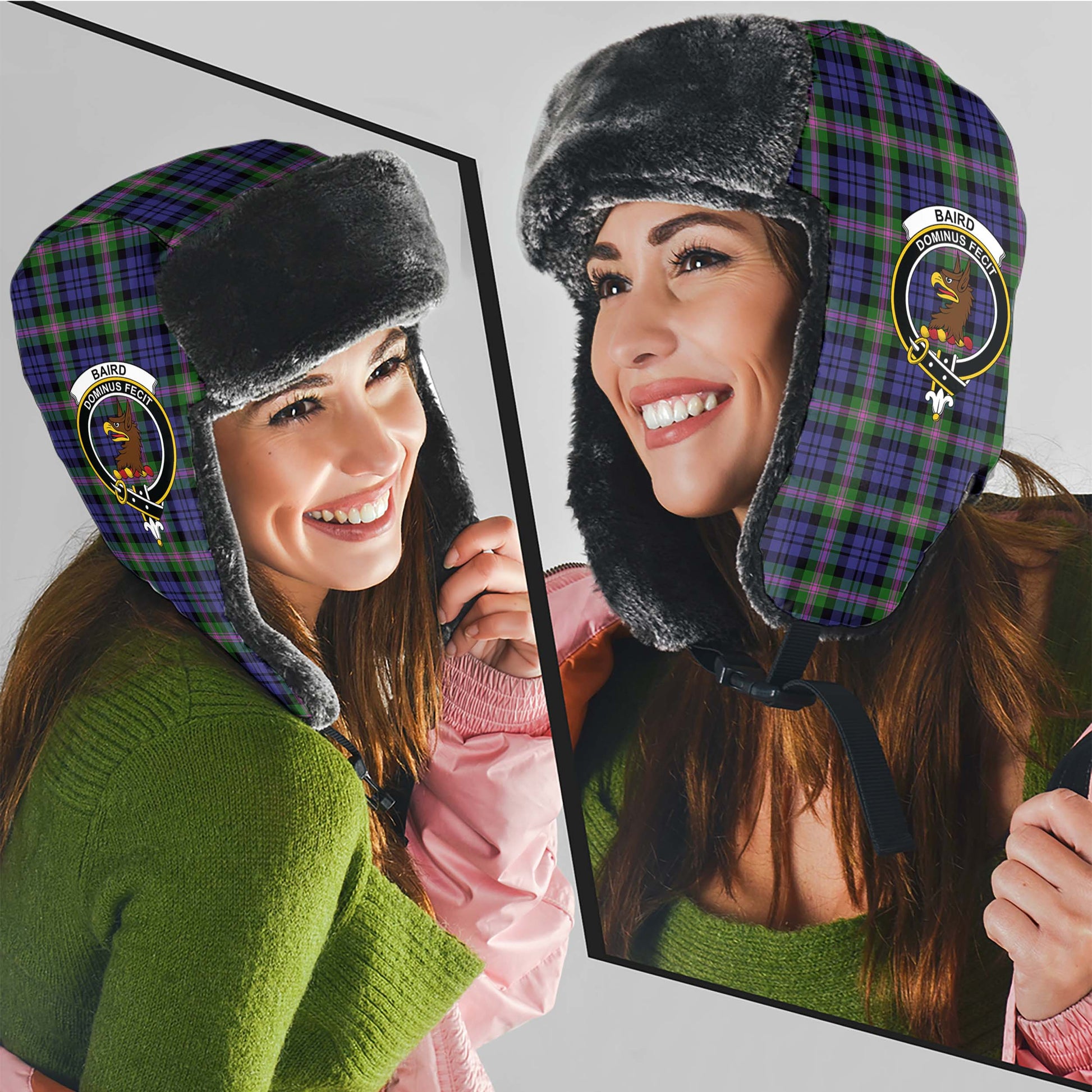 Baird Modern Tartan Winter Trapper Hat with Family Crest - Tartanvibesclothing