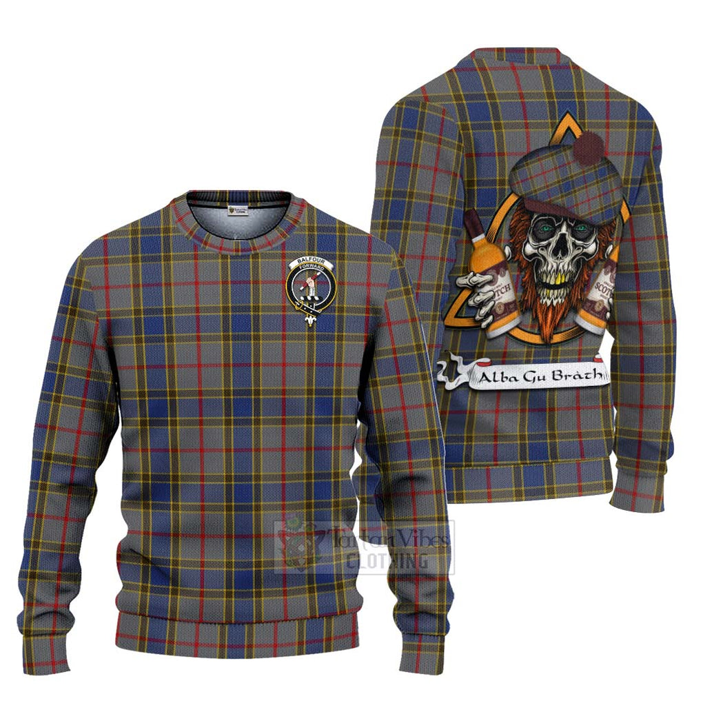 Tartan Vibes Clothing Balfour Tartan Knitted Sweater with Family Crest and Bearded Skull Holding Bottles of Whiskey