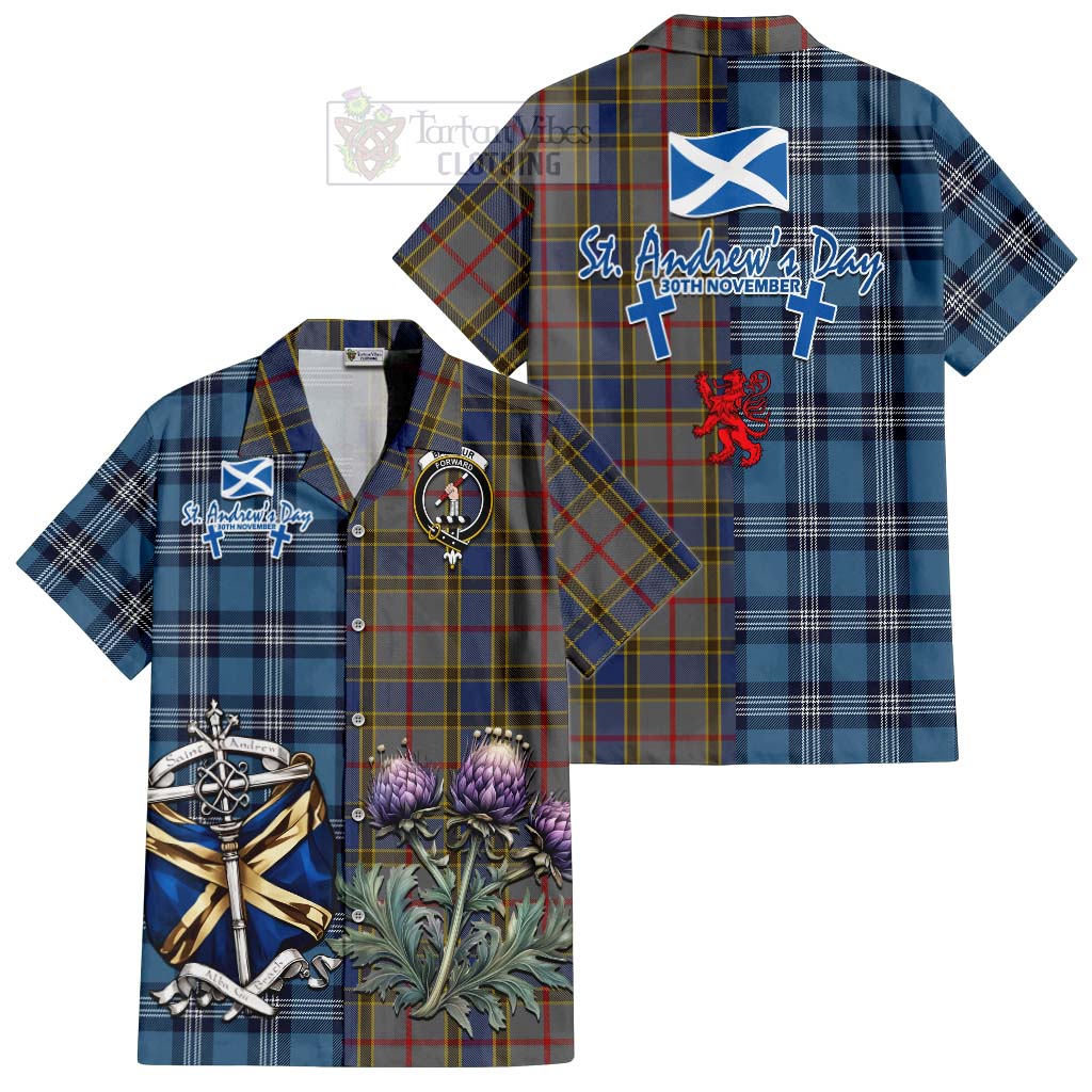 Tartan Vibes Clothing Balfour Tartan Short Sleeve Button Shirt Happy St. Andrew's Day Half Tartan Style