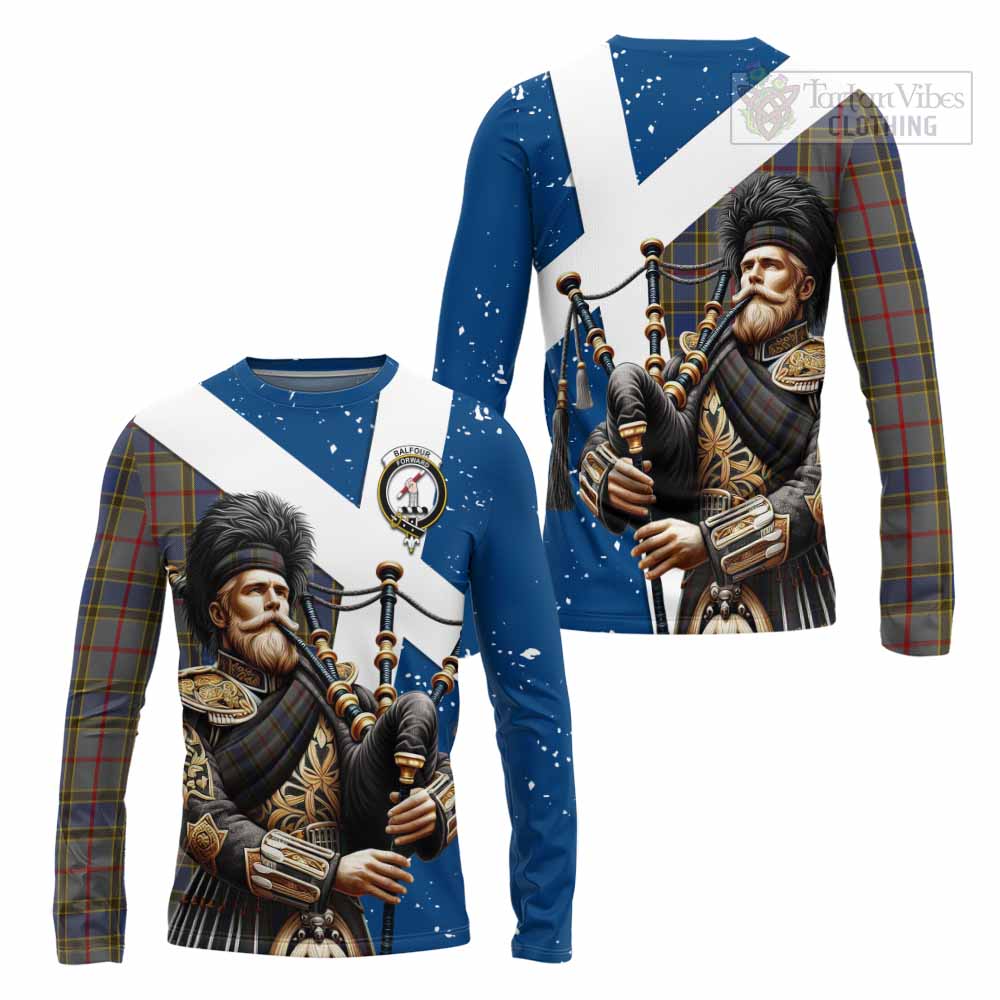 Tartan Vibes Clothing Balfour Tartan Long Sleeve T-Shirt with Family Crest Scottish Bagpiper Vibes