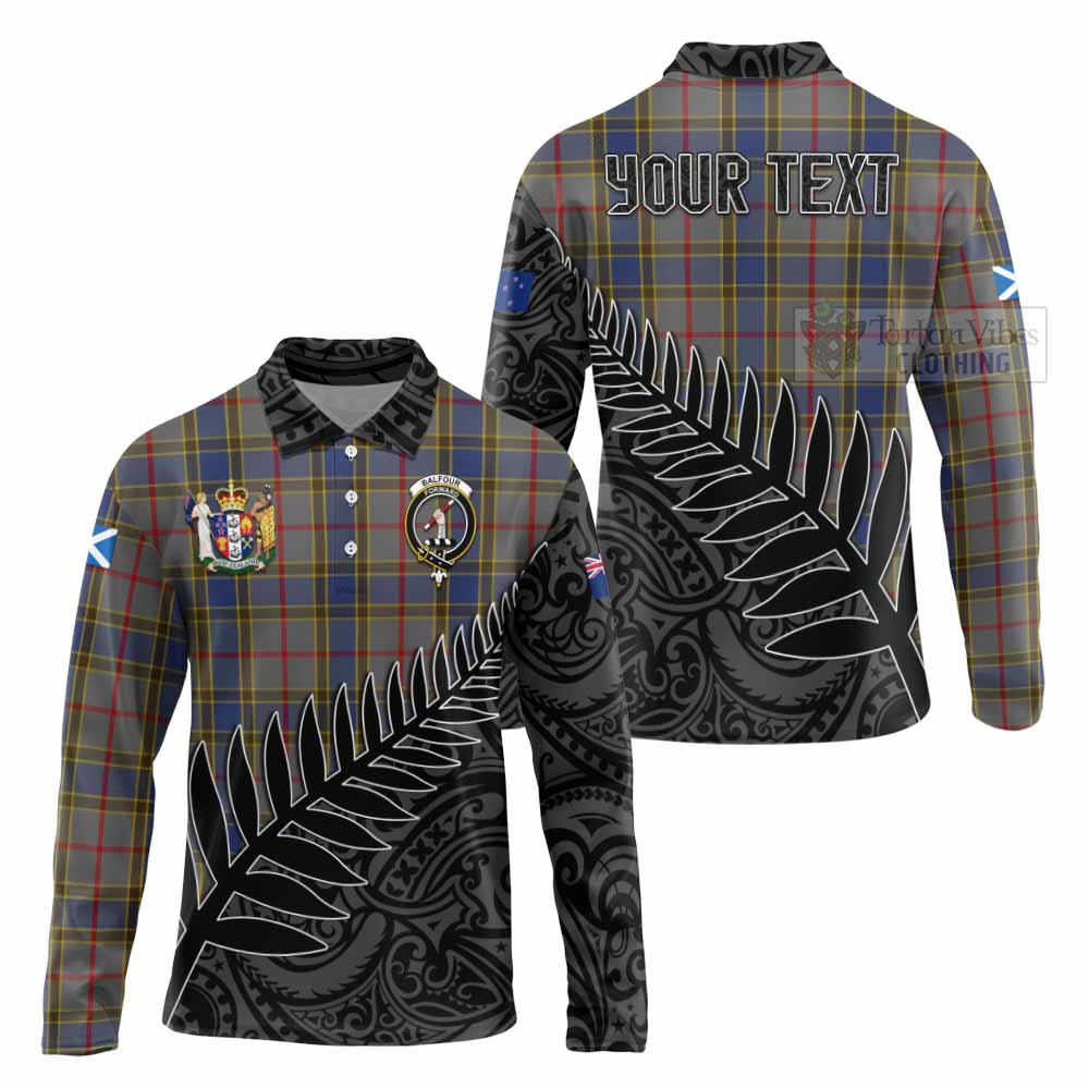 Tartan Vibes Clothing Balfour Crest Tartan Long Sleeve Polo Shirt with New Zealand Silver Fern Half Style