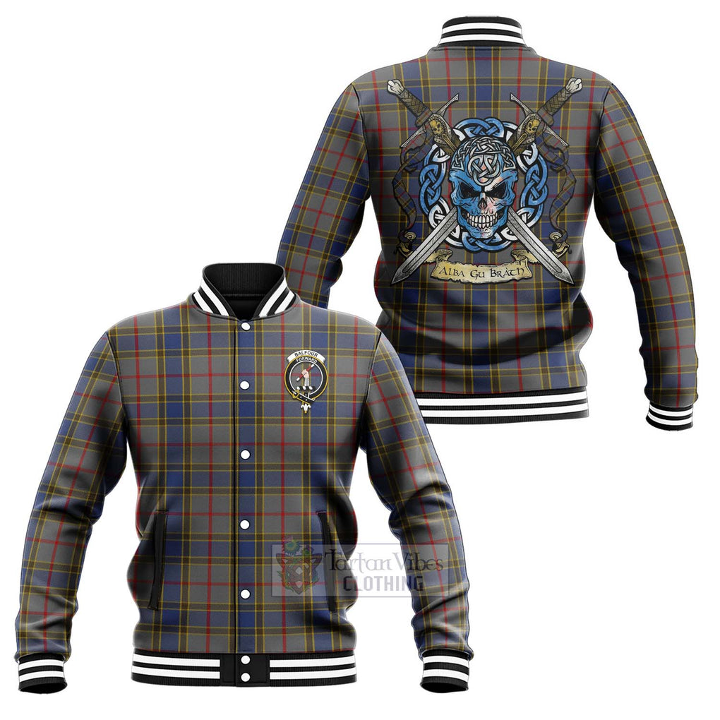 Tartan Vibes Clothing Balfour Tartan Baseball Jacket with Family Crest Celtic Skull Style