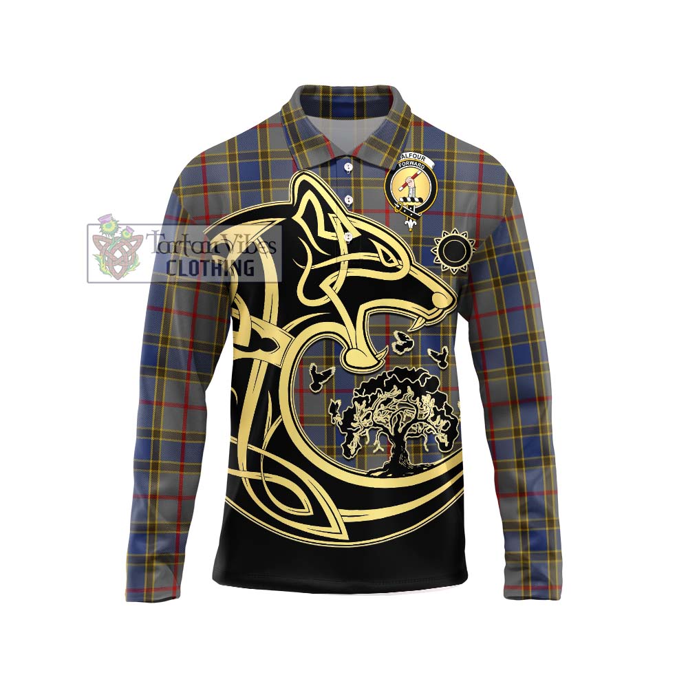 Balfour Tartan Long Sleeve Polo Shirt with Family Crest Celtic Wolf Style Unisex - Tartanvibesclothing Shop