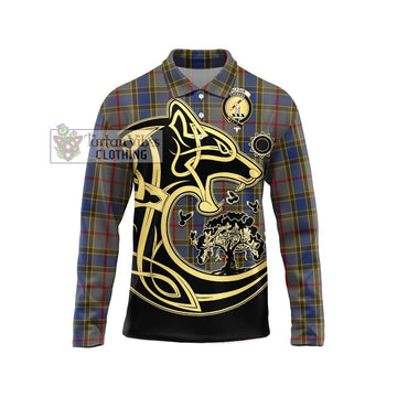 Balfour Tartan Long Sleeve Polo Shirt with Family Crest Celtic Wolf Style