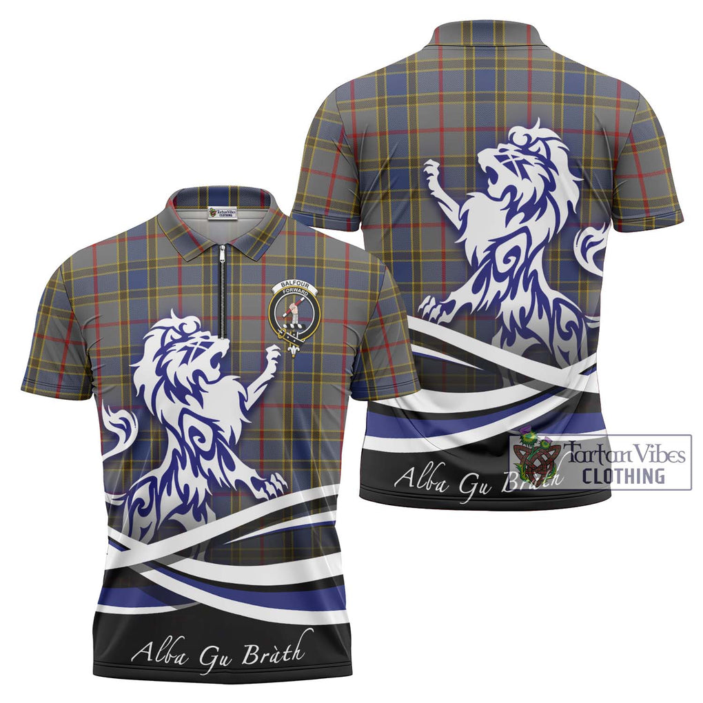 Balfour Tartan Zipper Polo Shirt with Alba Gu Brath Regal Lion Emblem Unisex - Tartanvibesclothing Shop