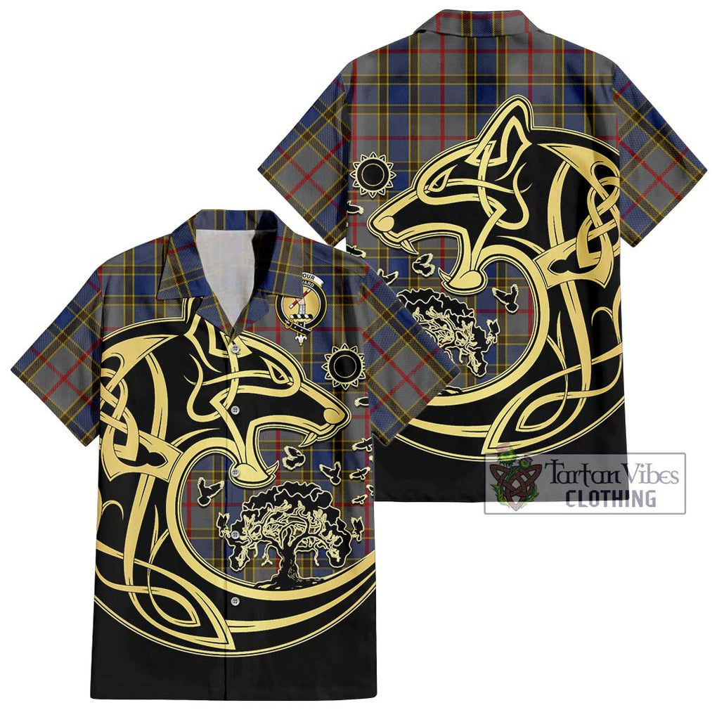 Balfour Tartan Short Sleeve Button Shirt with Family Crest Celtic Wolf Style Kid - Tartan Vibes Clothing