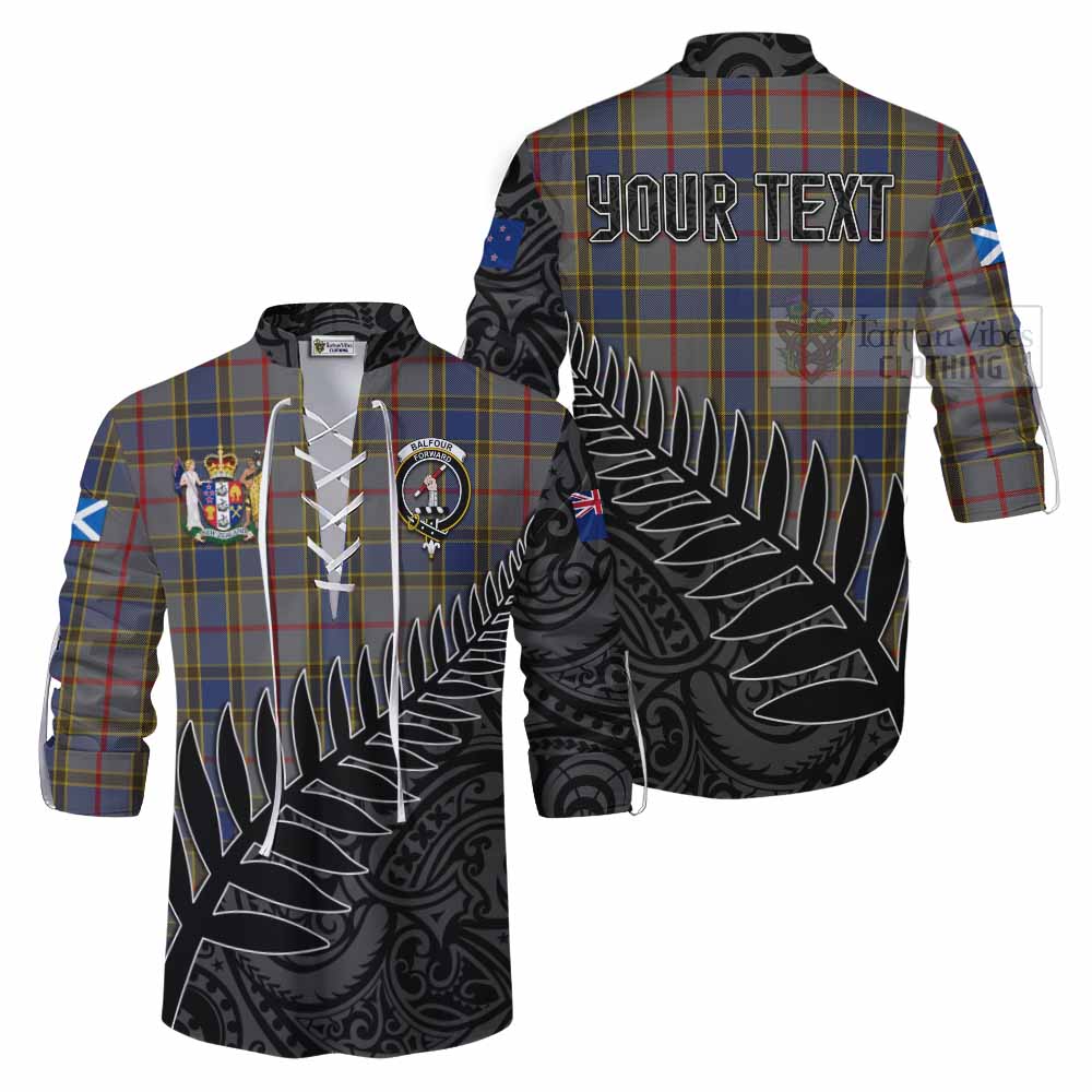 Tartan Vibes Clothing Balfour Crest Tartan Ghillie Kilt Shirt with New Zealand Silver Fern Half Style