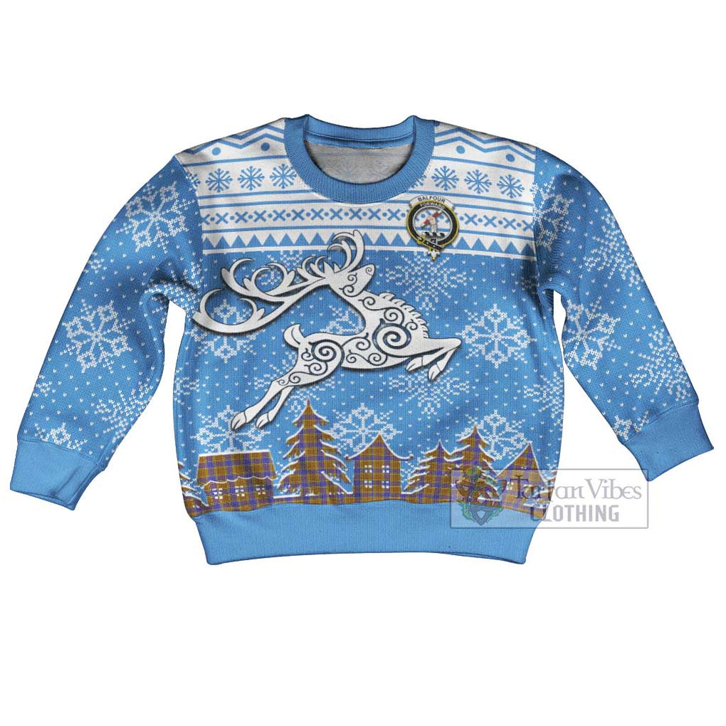 Tartan Vibes Clothing Balfour Clan Christmas Kid Ugly Sweater with Tartan and Celtic Raindeer Style