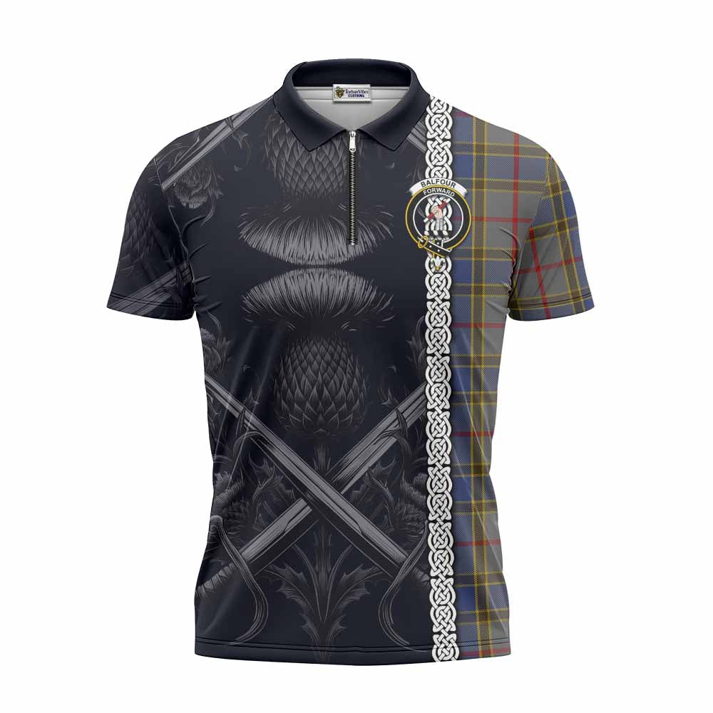 Tartan Vibes Clothing Balfour Tartan Zipper Polo Shirt with Family Crest Cross Sword Thistle Celtic Vibes