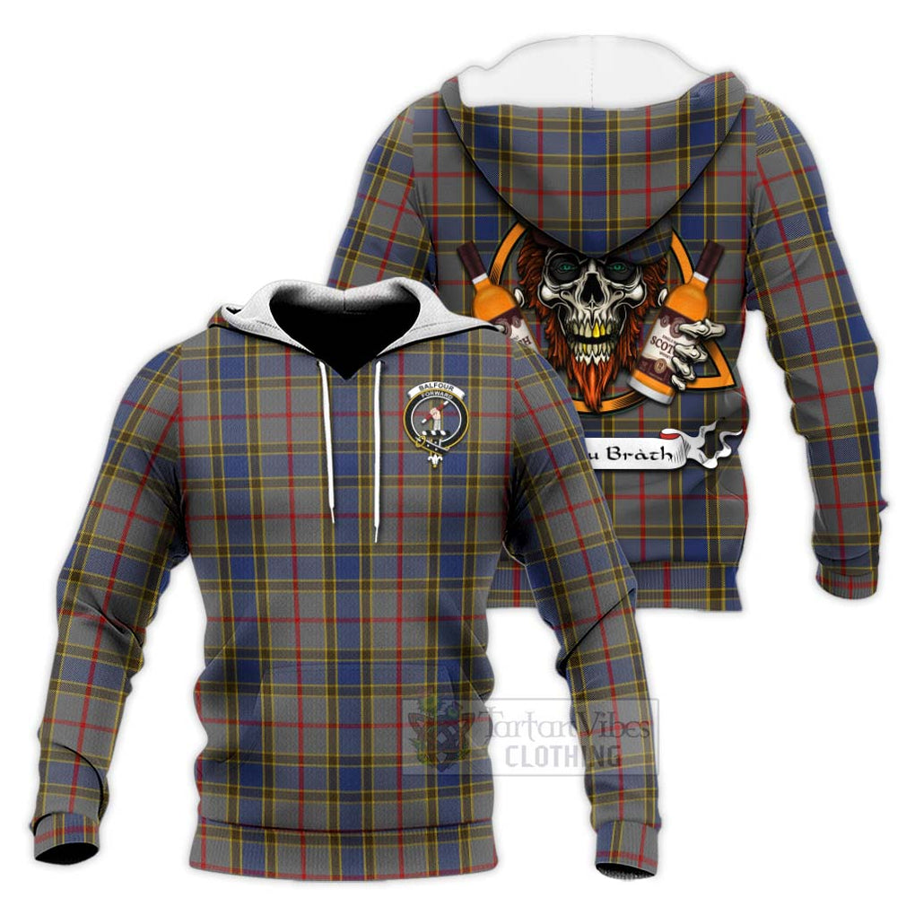 Tartan Vibes Clothing Balfour Tartan Knitted Hoodie with Family Crest and Bearded Skull Holding Bottles of Whiskey