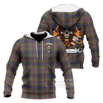 Balfour Tartan Knitted Hoodie with Family Crest and Bearded Skull Holding Bottles of Whiskey