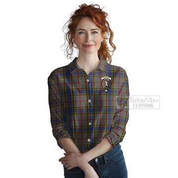 Balfour Tartan Women's Casual Shirt with Family Crest and Bearded Skull Holding Bottles of Whiskey