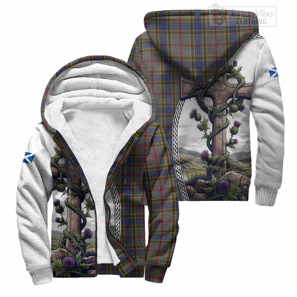 Tartan Vibes Clothing Balfour Tartan Sherpa Hoodie with Family Crest and St. Andrew's Cross Accented by Thistle Vines