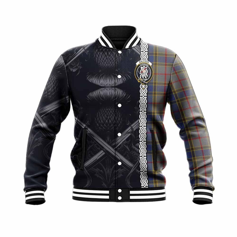 Tartan Vibes Clothing Balfour Tartan Baseball Jacket with Family Crest Cross Sword Thistle Celtic Vibes