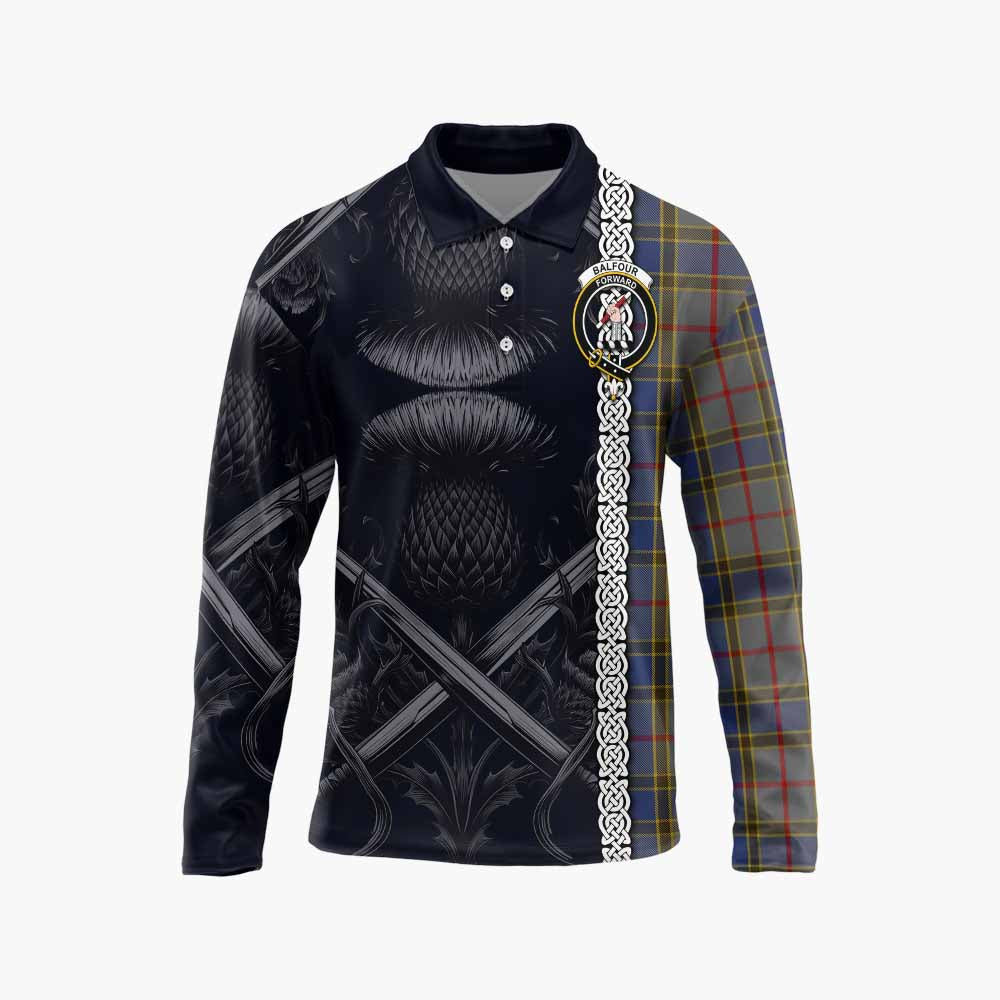 Tartan Vibes Clothing Balfour Tartan Long Sleeve Polo Shirt with Family Crest Cross Sword Thistle Celtic Vibes