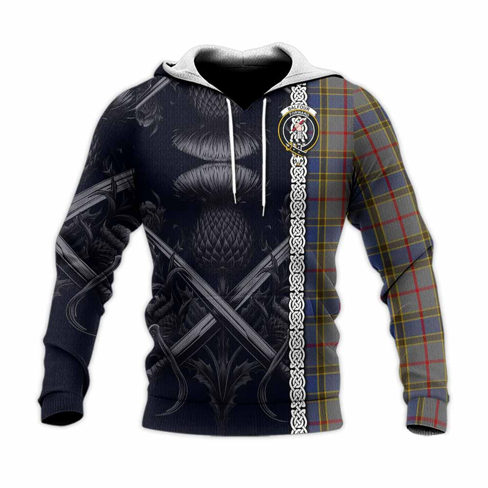 Tartan Vibes Clothing Balfour Tartan Knitted Hoodie with Family Crest Cross Sword Thistle Celtic Vibes