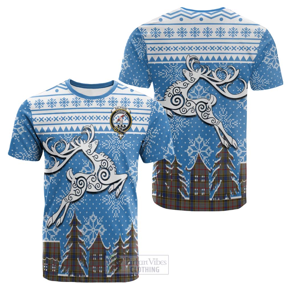 Tartan Vibes Clothing Balfour Clan Christmas Cotton T-shirt Celtic Reindeer Style