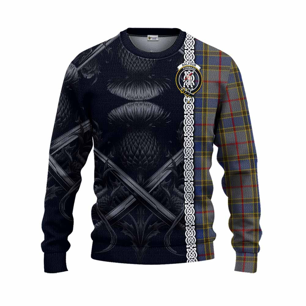 Tartan Vibes Clothing Balfour Tartan Knitted Sweater with Family Crest Cross Sword Thistle Celtic Vibes