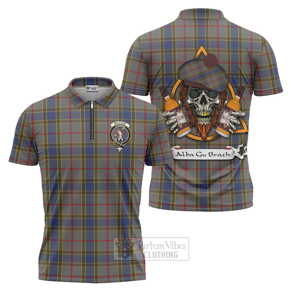 Tartan Vibes Clothing Balfour Tartan Zipper Polo Shirt with Family Crest and Bearded Skull Holding Bottles of Whiskey