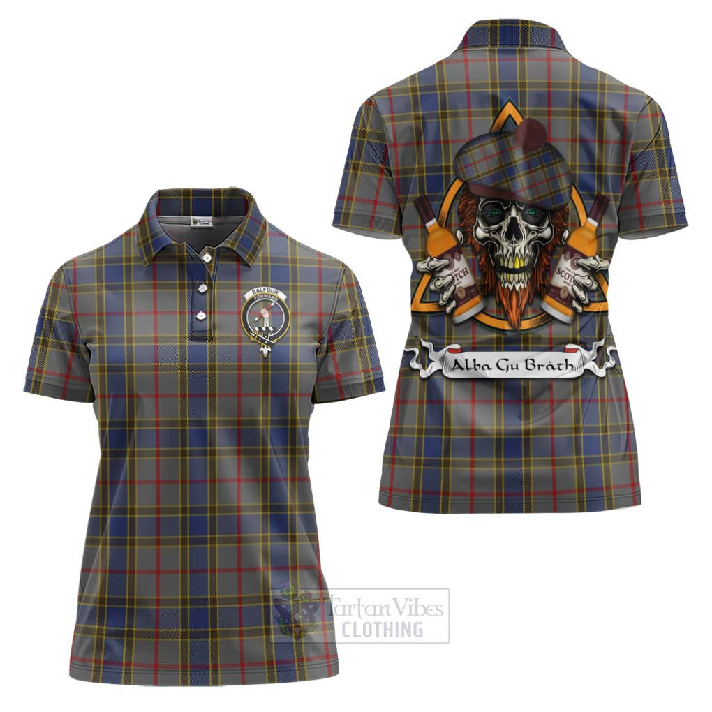 Tartan Vibes Clothing Balfour Tartan Women's Polo Shirt with Family Crest and Bearded Skull Holding Bottles of Whiskey