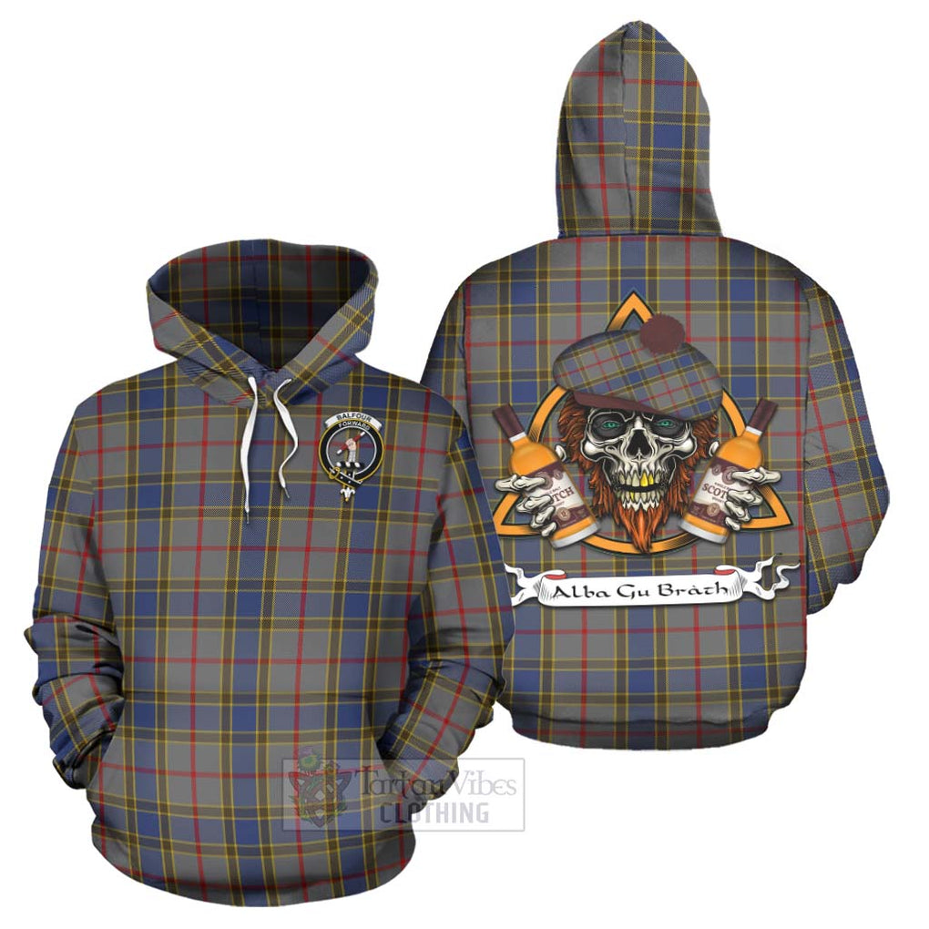 Tartan Vibes Clothing Balfour Tartan Hoodie with Family Crest and Bearded Skull Holding Bottles of Whiskey