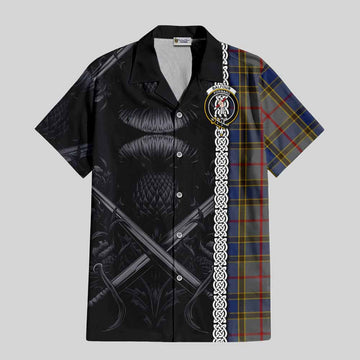 Balfour Tartan Short Sleeve Button Shirt with Family Crest Cross Sword Thistle Celtic Vibes