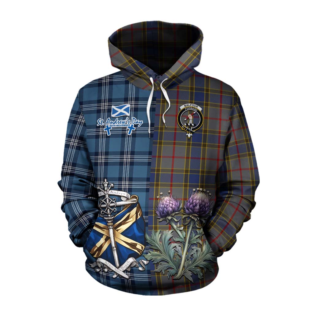 Tartan Vibes Clothing Balfour Tartan Cotton Hoodie Happy St. Andrew's Day Half Tartan Style