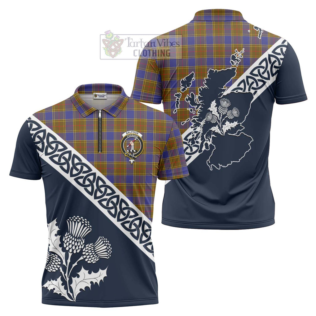 Tartan Vibes Clothing Balfour Tartan Zipper Polo Shirt Featuring Thistle and Scotland Map