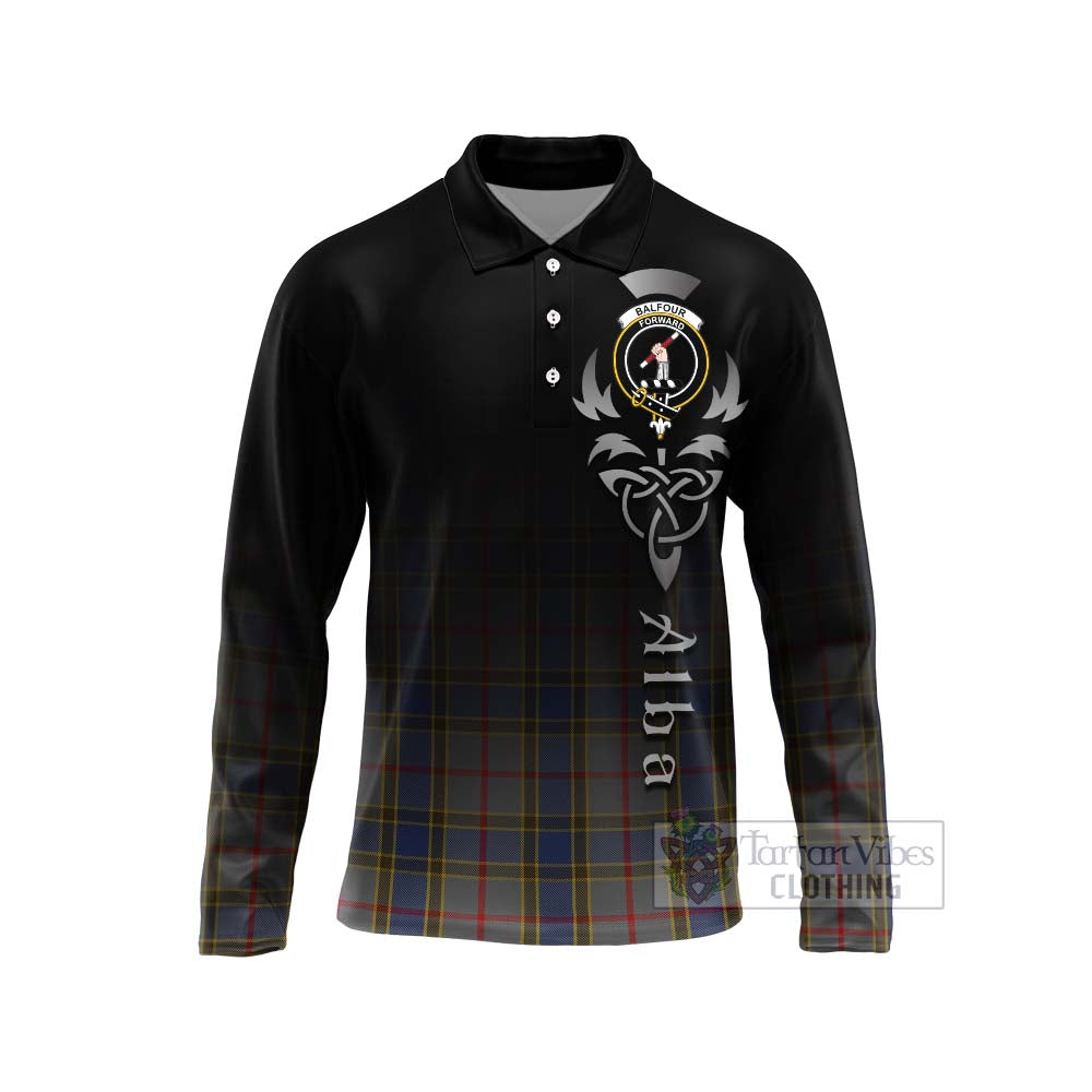 Tartan Vibes Clothing Balfour Tartan Long Sleeve Polo Shirt Featuring Alba Gu Brath Family Crest Celtic Inspired