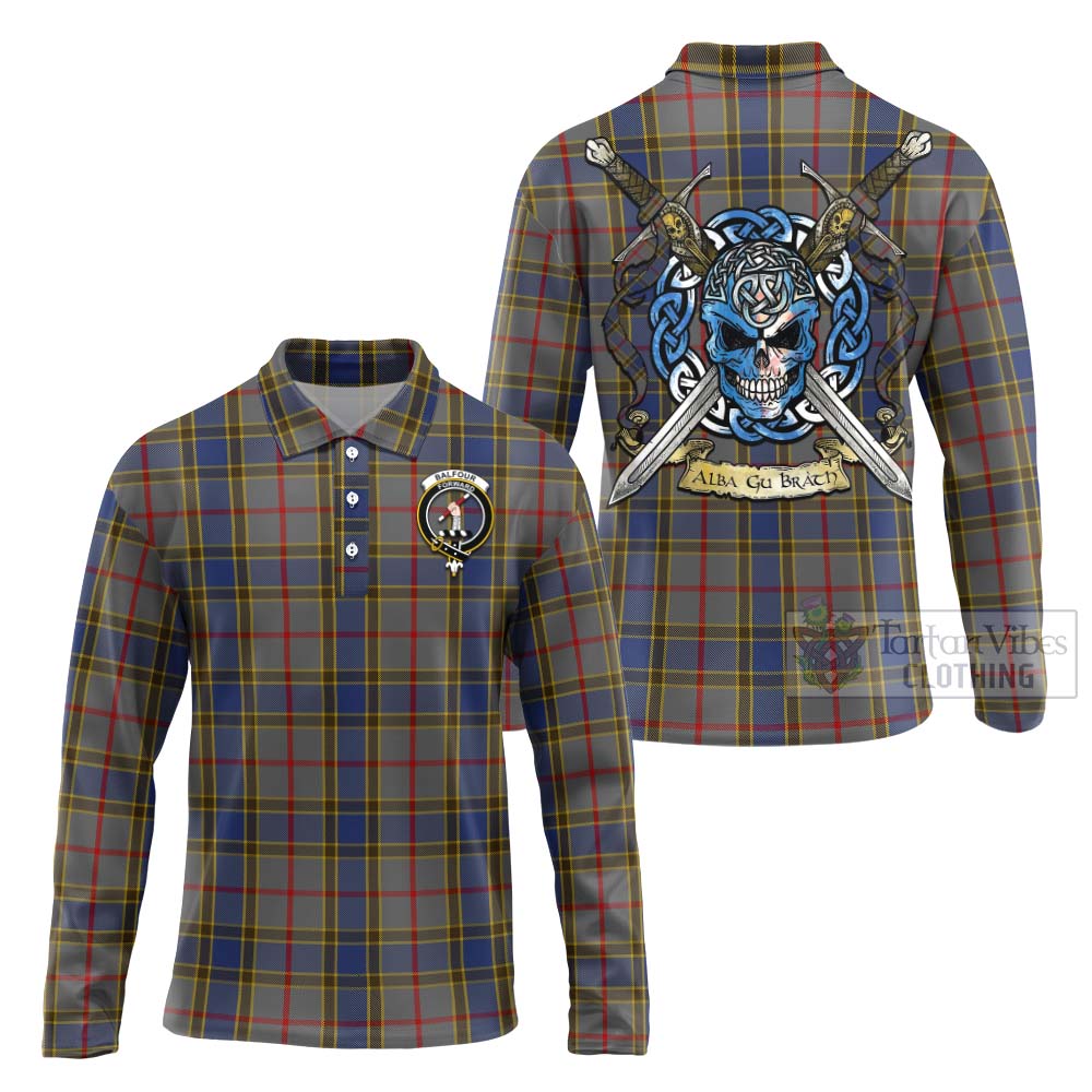 Tartan Vibes Clothing Balfour Tartan Long Sleeve Polo Shirt with Family Crest Celtic Skull Style