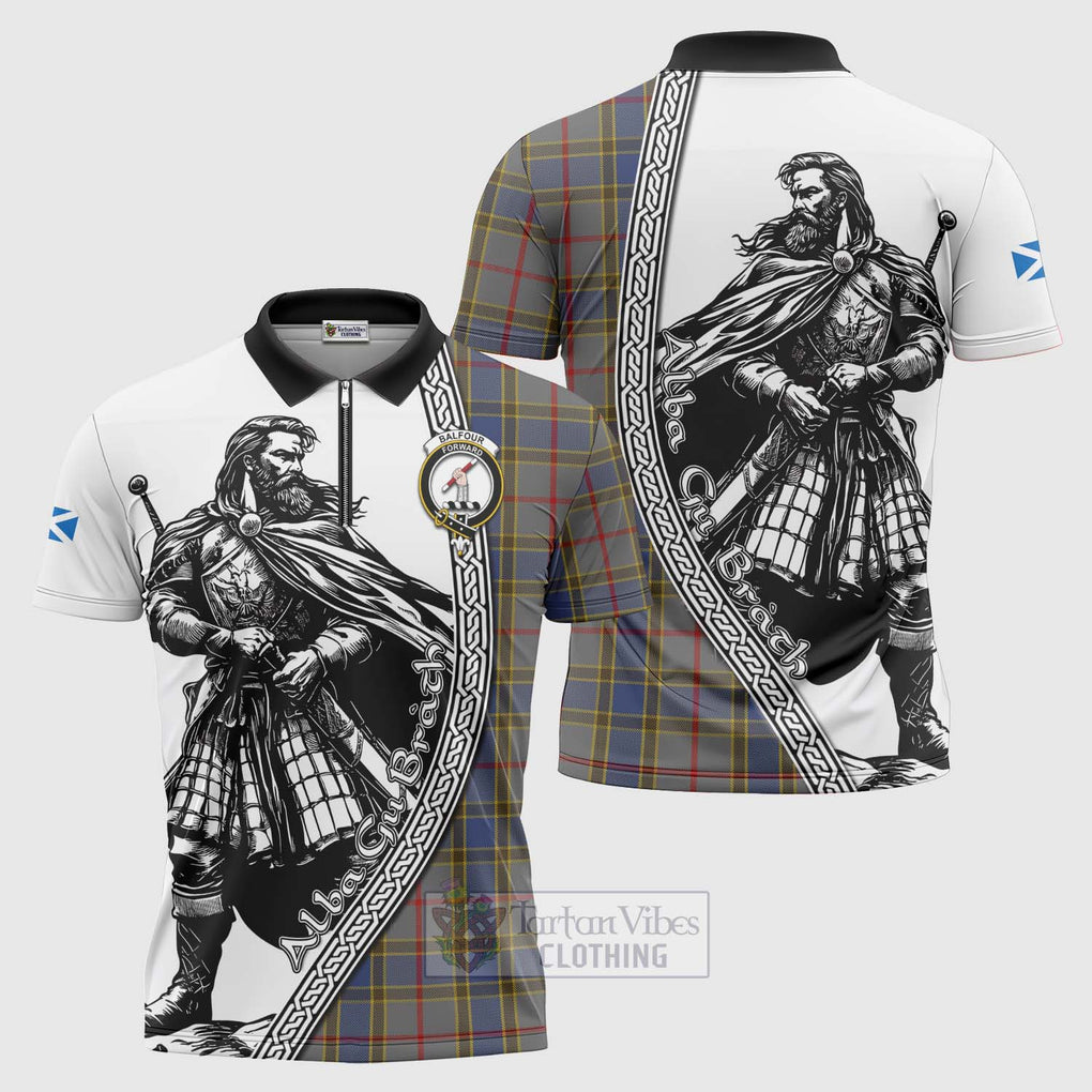 Tartan Vibes Clothing Balfour Tartan Clan Crest Zipper Polo Shirt with Highlander Warrior Celtic Style