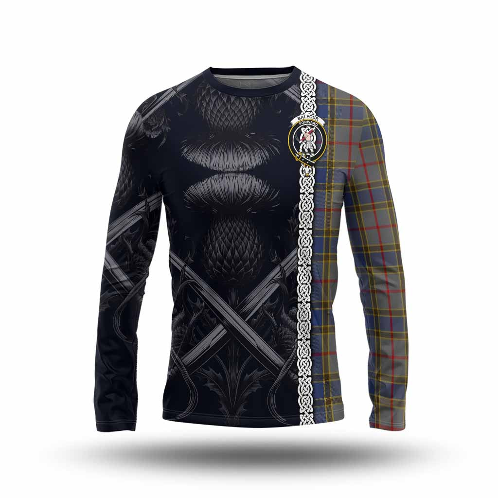 Tartan Vibes Clothing Balfour Tartan Long Sleeve T-Shirt with Family Crest Cross Sword Thistle Celtic Vibes