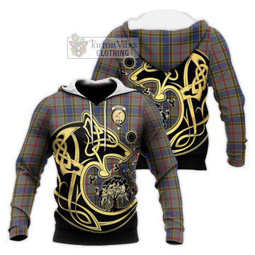 Balfour Tartan Knitted Hoodie with Family Crest Celtic Wolf Style