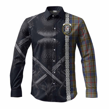 Balfour Tartan Long Sleeve Button Shirt with Family Crest Cross Sword Thistle Celtic Vibes