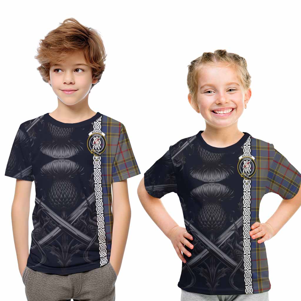 Tartan Vibes Clothing Balfour Tartan Kid T-Shirt with Family Crest Cross Sword Thistle Celtic Vibes