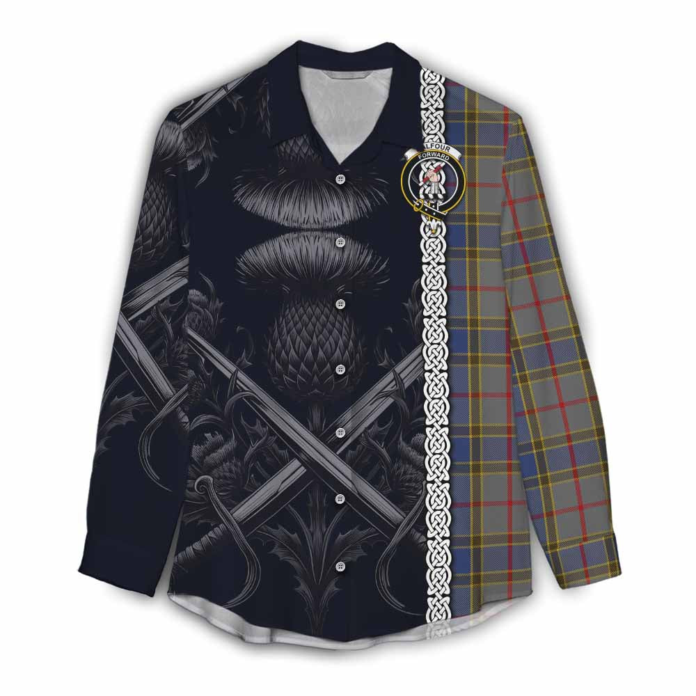 Tartan Vibes Clothing Balfour Tartan Women's Casual Shirt with Family Crest Cross Sword Thistle Celtic Vibes