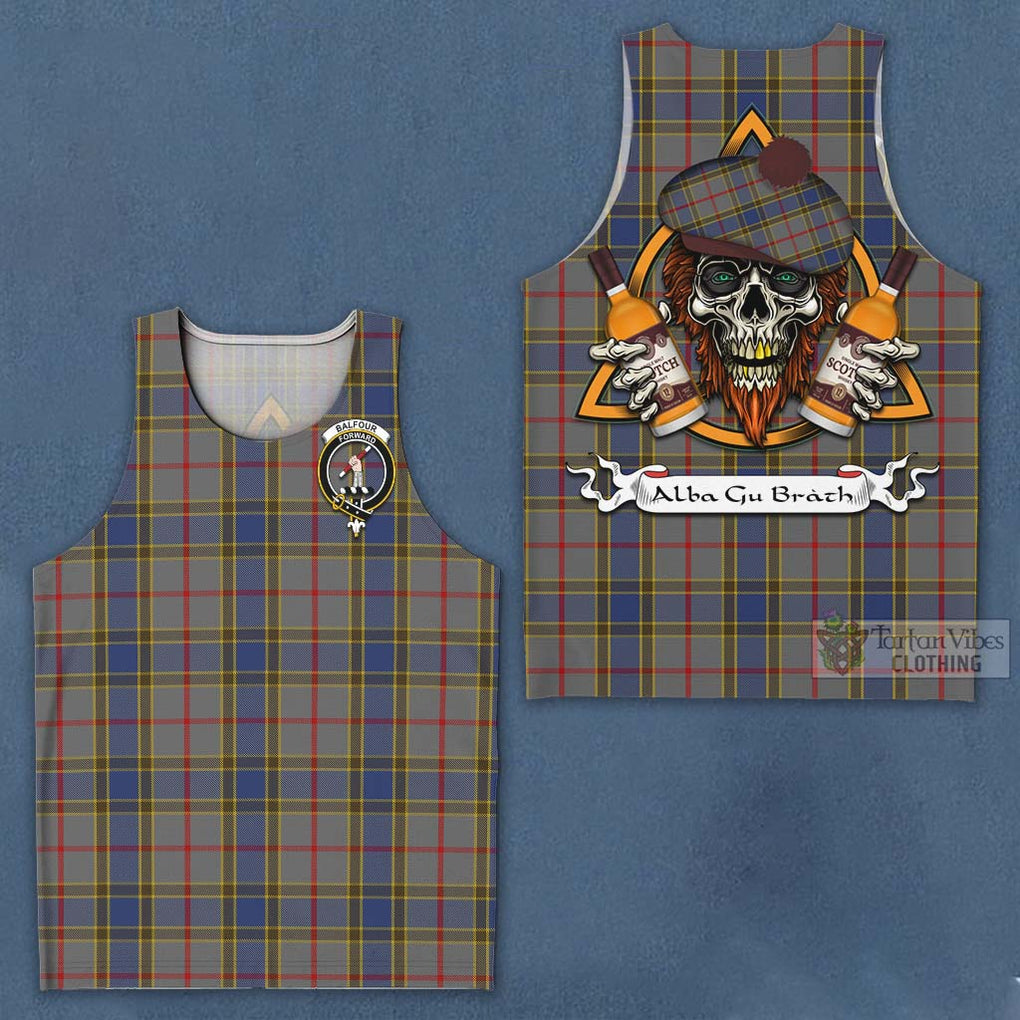 Tartan Vibes Clothing Balfour Tartan Men's Tank Top with Family Crest and Bearded Skull Holding Bottles of Whiskey