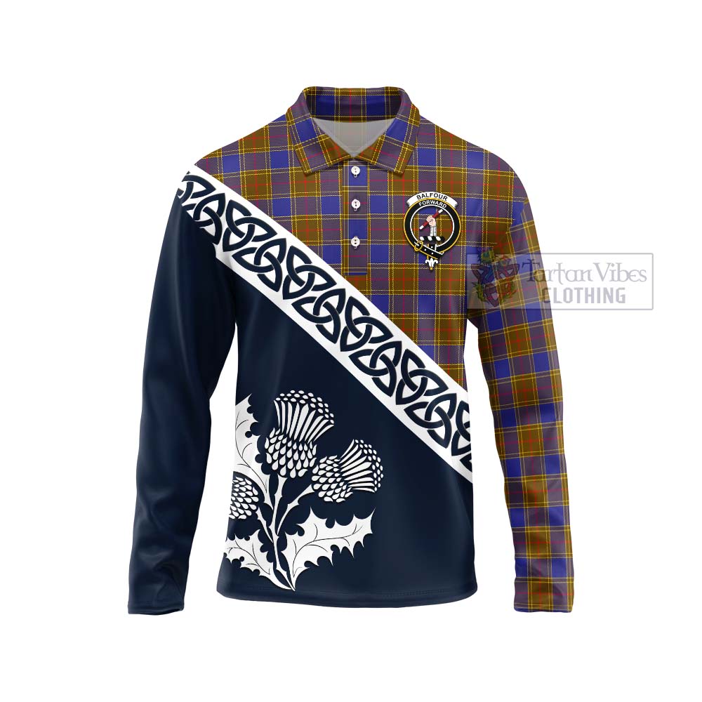 Tartan Vibes Clothing Balfour Tartan Long Sleeve Polo Shirt Featuring Thistle and Scotland Map