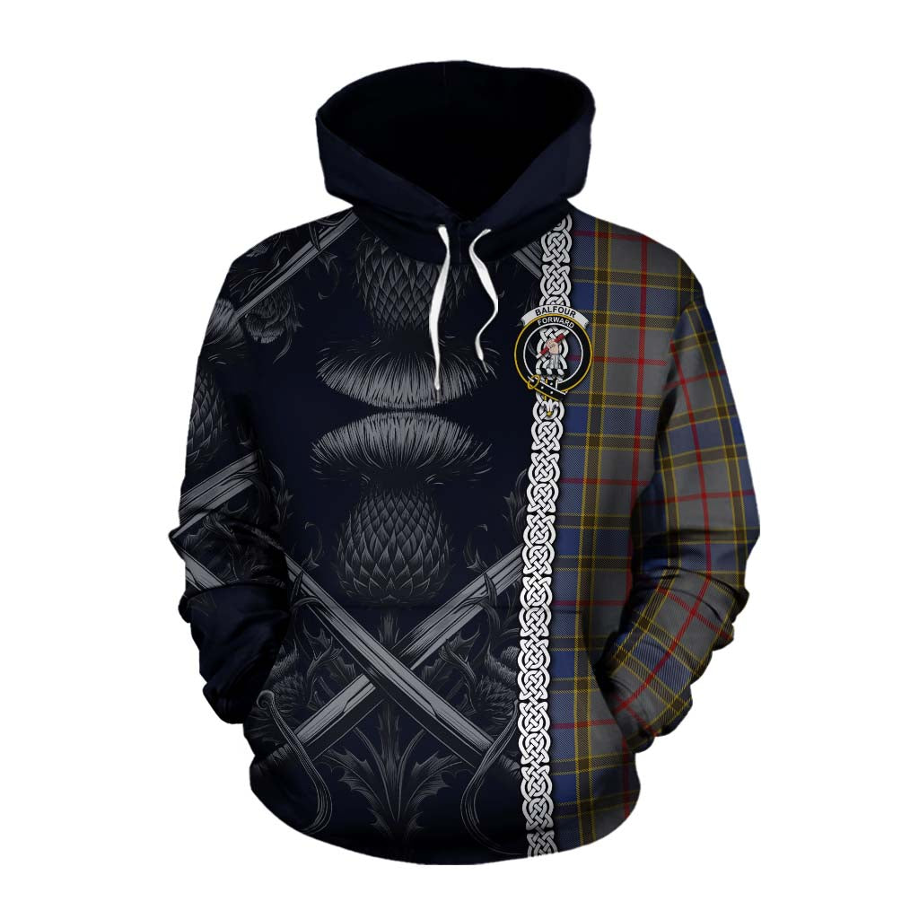 Tartan Vibes Clothing Balfour Tartan Cotton Hoodie with Family Crest Cross Sword Thistle Celtic Vibes