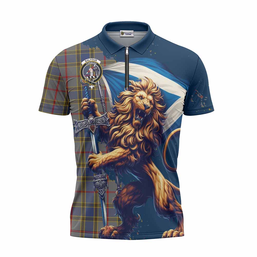 Tartan Vibes Clothing Balfour Tartan Family Crest Zipper Polo Shirt with Scottish Majestic Lion